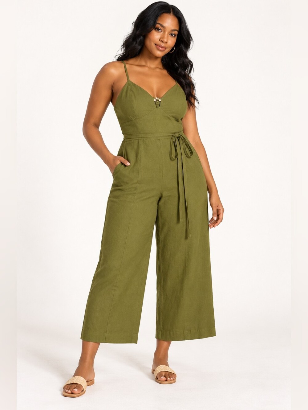 A New Day Olive Green Beaded Wide-Leg Jumpsuit – Large